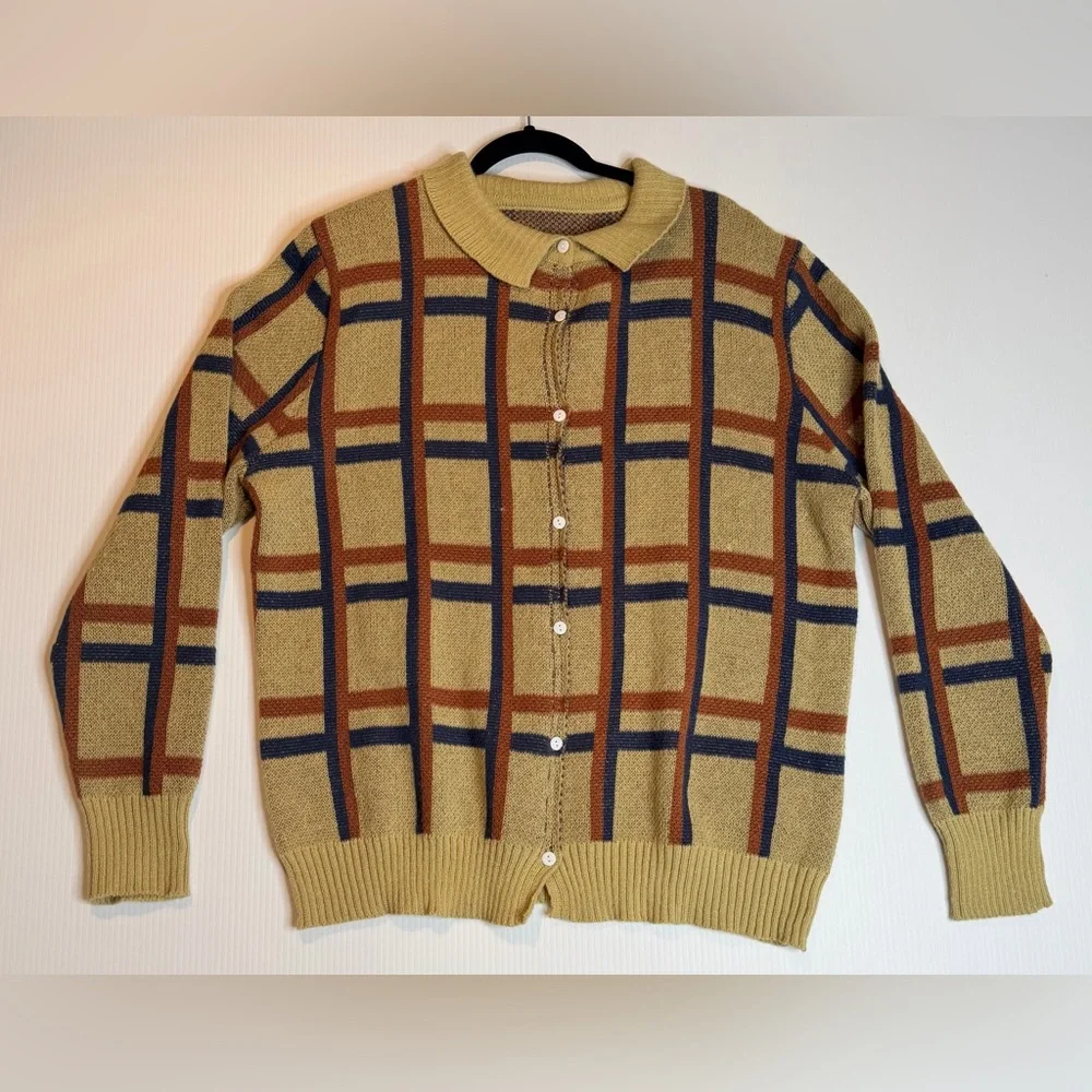 Vintage Grandpa Style Cardigan Sweater Beige Blue Rust Grid Button Front-XL